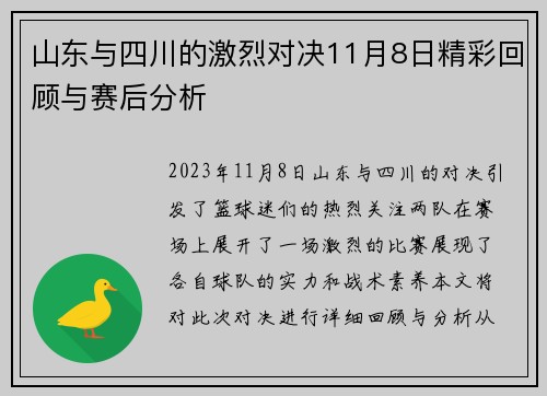 山东与四川的激烈对决11月8日精彩回顾与赛后分析