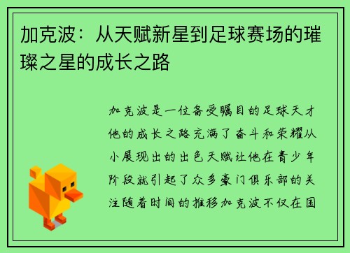 加克波：从天赋新星到足球赛场的璀璨之星的成长之路