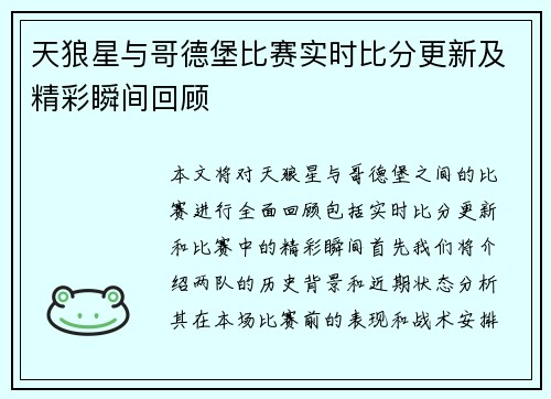 天狼星与哥德堡比赛实时比分更新及精彩瞬间回顾