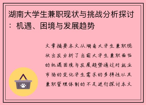 湖南大学生兼职现状与挑战分析探讨：机遇、困境与发展趋势