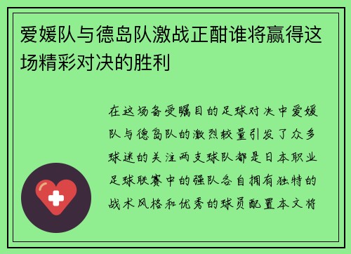 爱媛队与德岛队激战正酣谁将赢得这场精彩对决的胜利