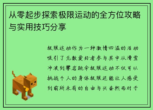 从零起步探索极限运动的全方位攻略与实用技巧分享
