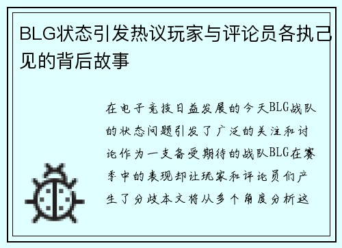 BLG状态引发热议玩家与评论员各执己见的背后故事