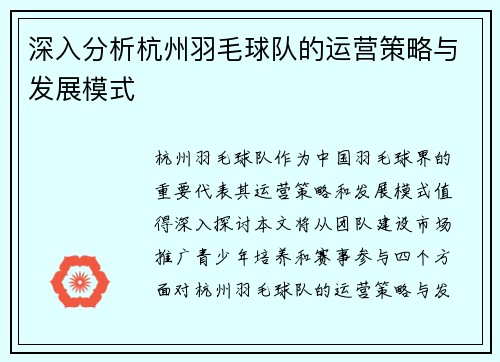 深入分析杭州羽毛球队的运营策略与发展模式