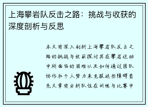 上海攀岩队反击之路：挑战与收获的深度剖析与反思