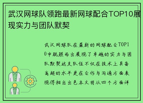 武汉网球队领跑最新网球配合TOP10展现实力与团队默契